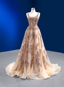 Champagne Gold Straps Tulle Sequins Beading Prom Dress Champagne Gold Straps Tulle Sequins Beading Prom Dress