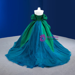 Blue Tulle Green Satin Puff Sleeve Pleats Beading Prom Dress