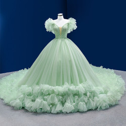 Green Tulle Beading Sequins Princess Prom Dress With Train