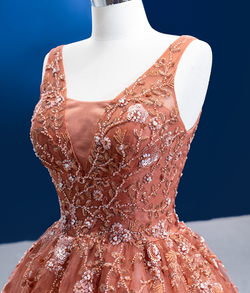 Fancy Orange Tulle V-neck Beading Sequins Prom Dress