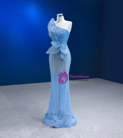 Blue Mermaid See Through One Shoulder Sequins Prom Dress