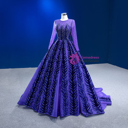 Blue Purple Long Sleeve Tulle Beading Prom Dress