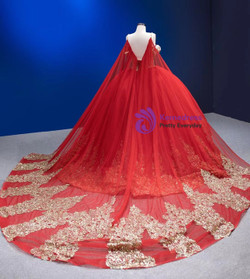 Red Ball Gown Tulle Sequins Appliques Pearls Prom Dress