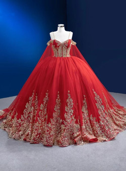 Red Ball Gown Tulle Sequins Appliques Pearls Prom Dress