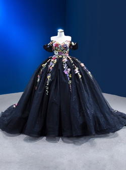 Black Ball Gown Tulle 3D Colorful Flower Prom Dress