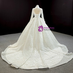 Beautiful White Tulle Long Sleeve Backless Pearls Wedding Dress