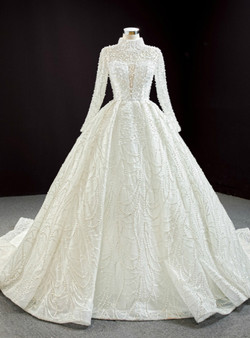 Beautiful White Tulle Long Sleeve Backless Pearls Wedding Dress