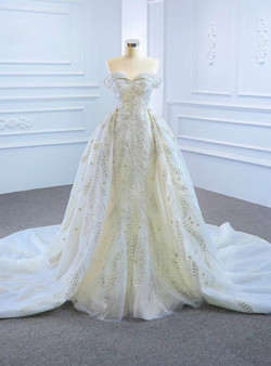 White Mermaid Tulle Sequins Prom Dress With Removable Train