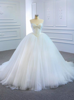 White Ball Gown Tulle Pleats Wedding Dress
