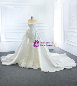 White Mermaid Lace Satin Wedding Dress With Removable Train
