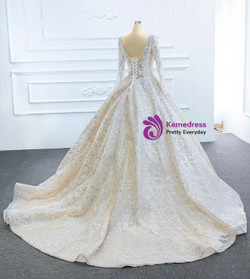 Ball Gown Tulle Sequins Long Sleeve Backless Wedding Dress
