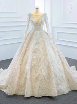Ball Gown Tulle Sequins Long Sleeve Backless Wedding Dress