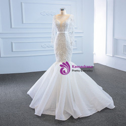 White Mermaid Tulle Long Sleeve Beading Wedding Dress