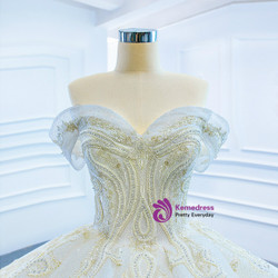 White Tulle Sequins Off the Shoulder Beading Wedding Dress