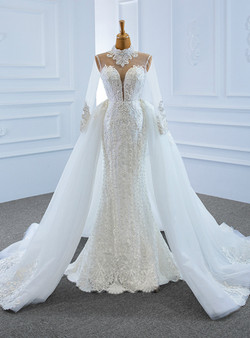 White Tulle High Neck Long Sleeve Pearls Wedding Dress With Removable Train