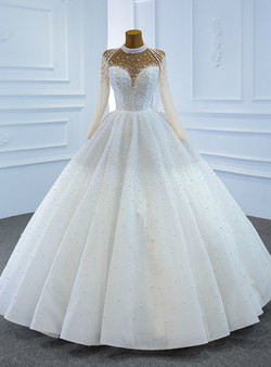 White High Neck Long Sleeve Tulle Pearls Wedding Dress