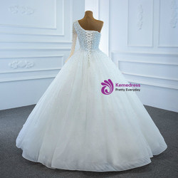 Ball Gown White Tulle One Shoulder Pearls Beading Wedding Dress