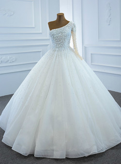 Ball Gown White Tulle One Shoulder Pearls Beading Wedding Dress