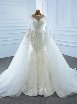 White Mermaid Tulle Lace Long Sleeve Wedding Dress With Removable Train
