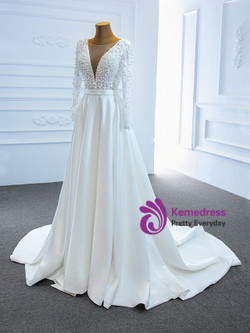 A-Line White Satin Long Sleeve Pearls Split Wedding Dress