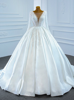 Fashion White Satin Long Sleeve Pearls Wedding Dress