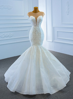 White Mermaid Lace Beading Cap Sleeve Wedding Dress