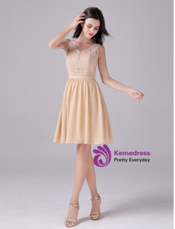 Champagne Chiffon Lace Homecoming Dress