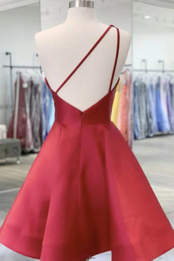 Burgundy Satin One Shoulder 3D Appliques Homecoming Dress