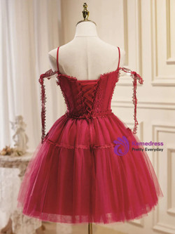 Burgundy Tulle Lace Spaghetti Straps Homecoming Dress
