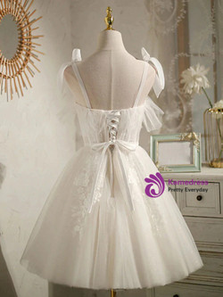 White Tulle Lace Spaghetti Straps Homecoming Dress