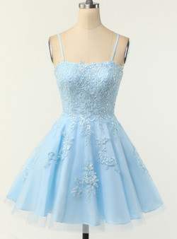 Blue Tulle Lace Appliques Homecoming Dress