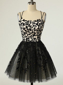 Black Tulle Sequins Spaghetti Straps Appliques Homecoming Dress