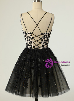 Black Tulle Sequins Spaghetti Straps Appliques Homecoming Dress