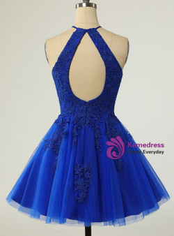 Royal Blue Tulle Halter Appliques Homecoming Dress