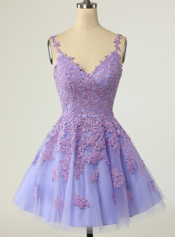 Purple Tulle Spaghetti Straps Appliques Homecoming Dress Purple Tulle Spaghetti Straps Appliques Homecoming Dress