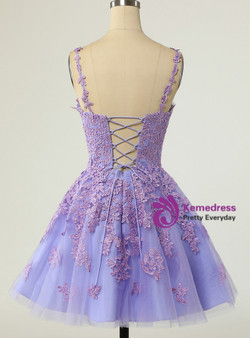 Purple Tulle Spaghetti Straps Appliques Homecoming Dress Purple Tulle Spaghetti Straps Appliques Homecoming Dress