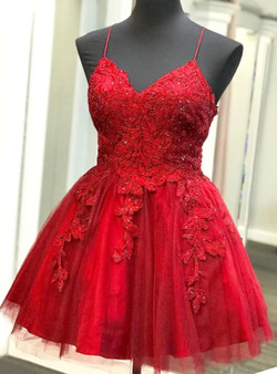 Red Tulle Spaghetti Straps Appliques Homecoming Dress Red Tulle Spaghetti Straps Appliques Homecoming Dress