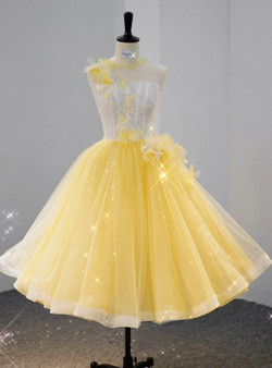 Yellow Tulle Appliques Homecoming Dress