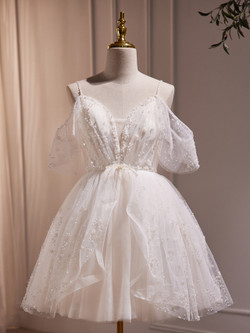 White Tulle Spaghetti Straps Pearls Homecoming Dress