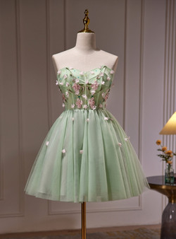 Green Tulle Appliques Beading Homecoming Dress