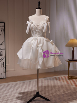 White Satin Lace Bow Homecoming Dress