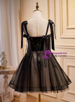 Black Tulle Lace Straps Bow Homecoming Dress