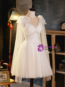 Ivory White Tulle Lace V-neck Homecoming Dress