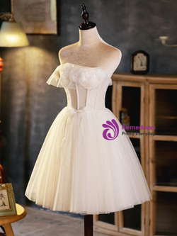 Ivory White Tulle Flower Pearls Homecoming Dress