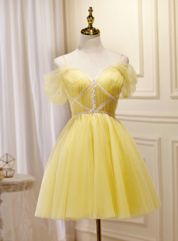 Yellow Tulle Pleats Homecoming Dress