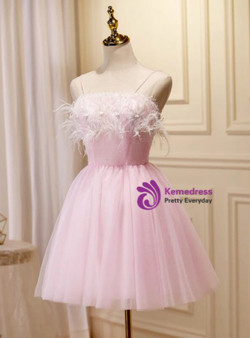 Pink Tulle Spaghetti Straps Pleats Homecoming Dress