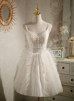 White Tulle Lace Straps Homecoming Dress