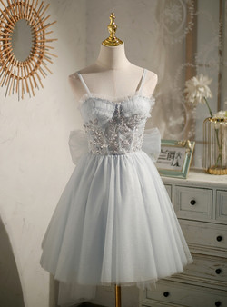 Gray Tulle Spaghetti Straps Bow Homecoming Dress