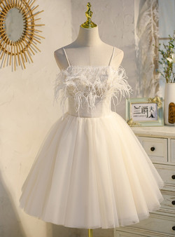 White Tulle Spaghetti Straps Pleats Homecoming Dress