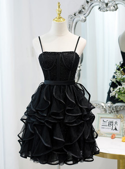 Black Tulle Spaghetti Straps Pearls Homecoming Dress